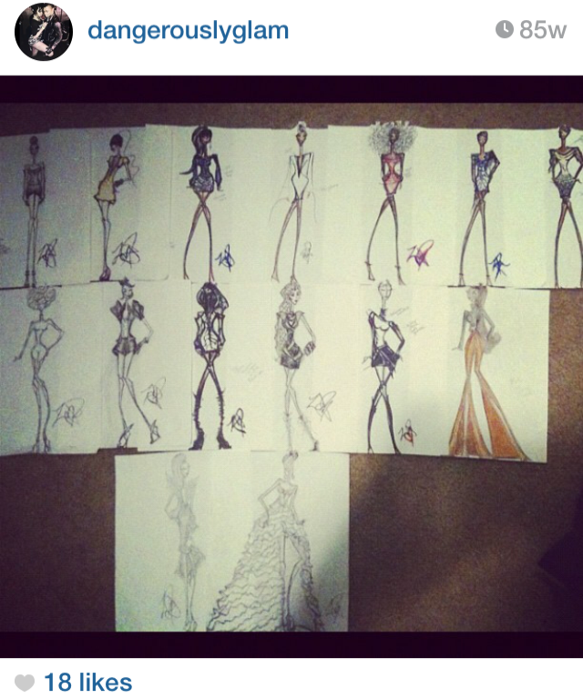 A collection of fashion sketches featuring tall, slender women in various dresses and outfits displayed on sheets of paper with some sketches drawn in color and others in pencil.