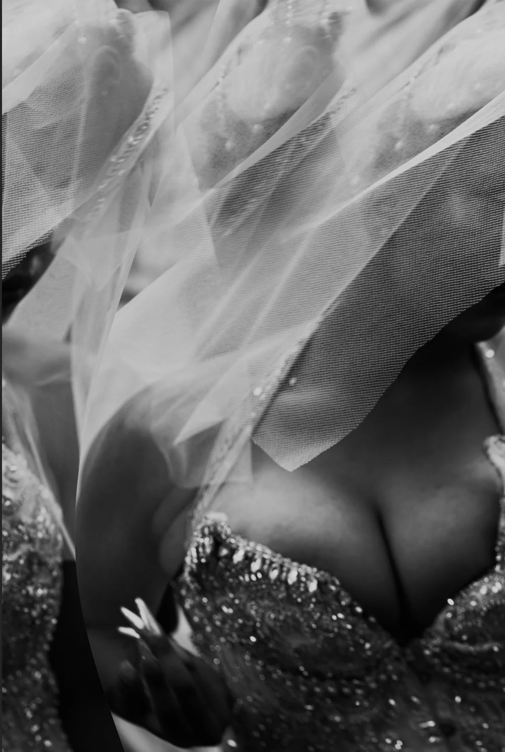 A woman dressed in a sparkling, sequined gown, partially covered by a sheer veil.