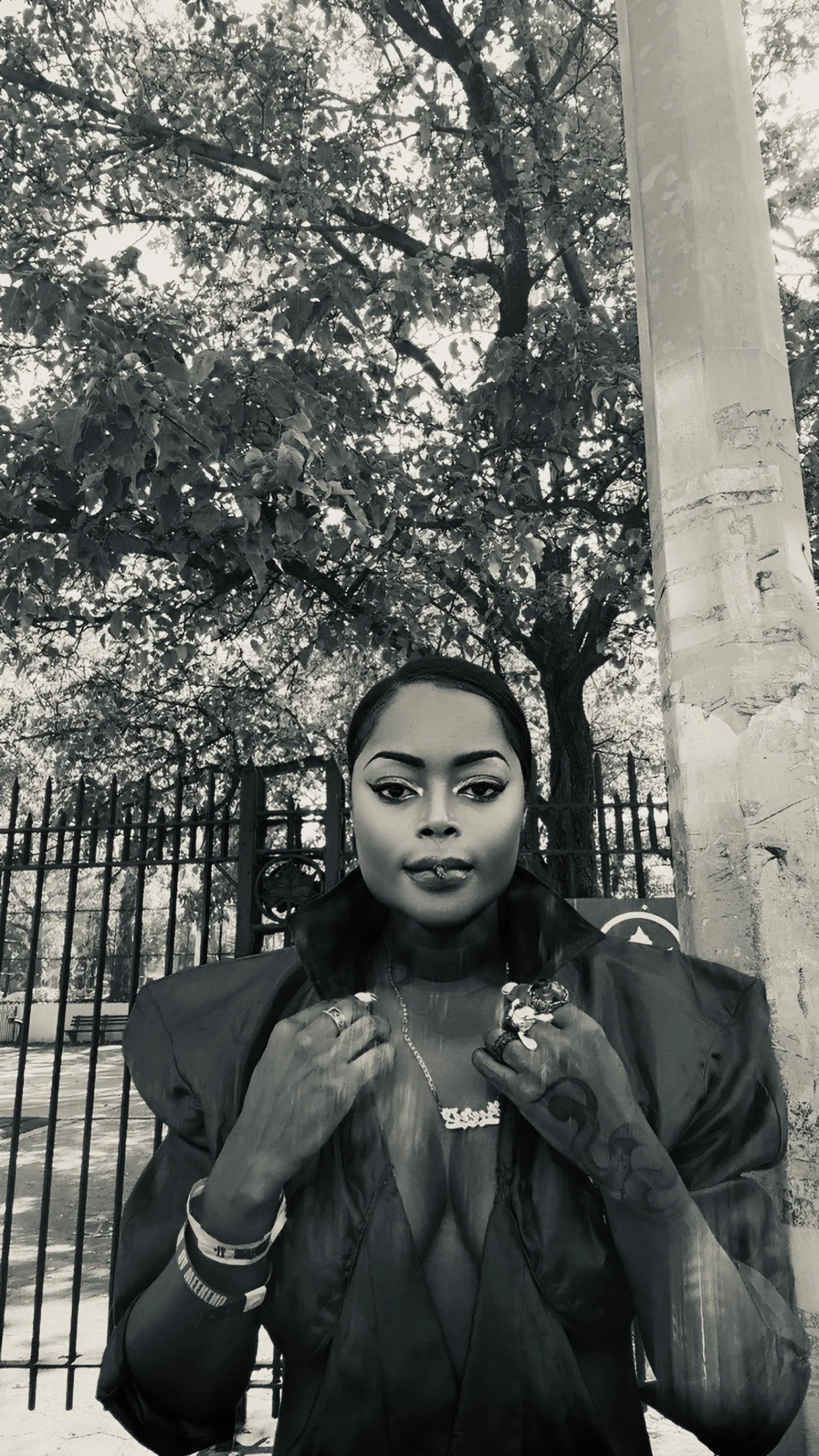 Black and white photo of a woman with dark hair, bold makeup, and tattoos, standing outdoors near a fence and tree, holding her jacket collar, wearing jewelry, with an overcast sky in the background.