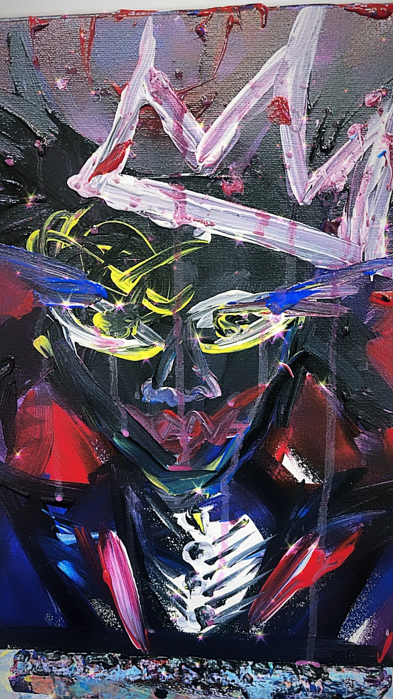 Abstract painting of a person wearing a suit and tie, with a stylized face, using bold strokes of red, black, white, blue, yellow, and pink.