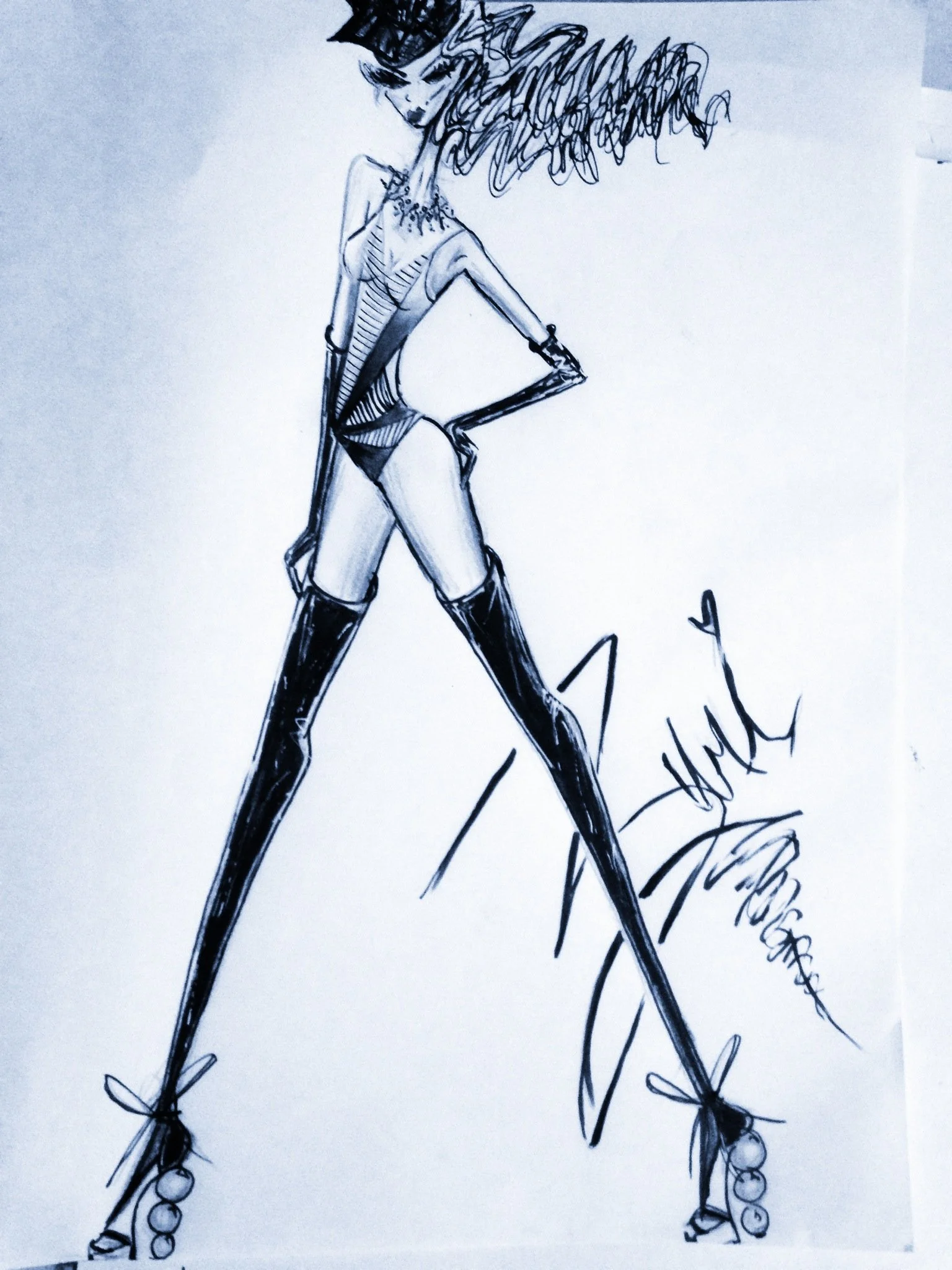 Fashion illustration of a tall woman in high-heeled boots, shorts, and a top, with voluminous hair, striking a confident pose.