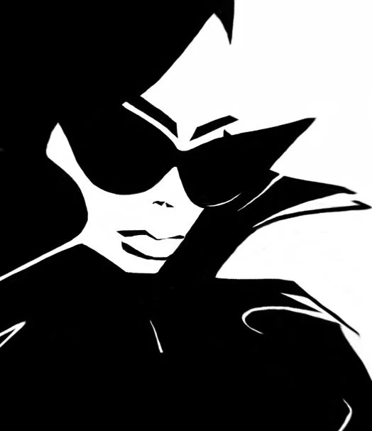 Silhouette of a woman wearing sunglasses with short hair in a black and white color scheme.