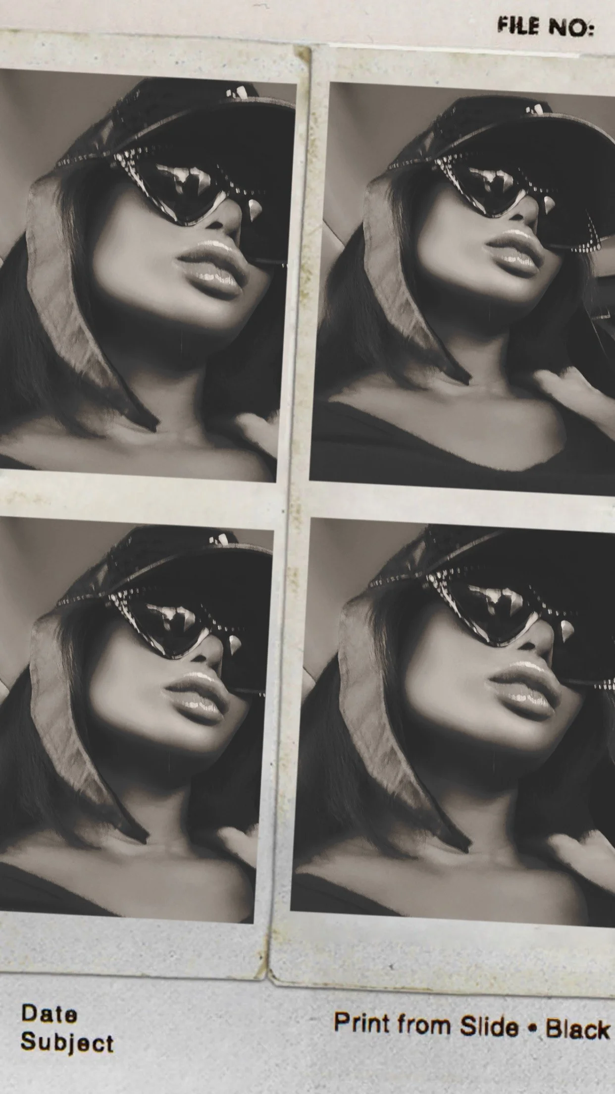 Black and white photo booth strip of a woman wearing sunglasses with a large brim hat, lips slightly parted, and a confident pose.