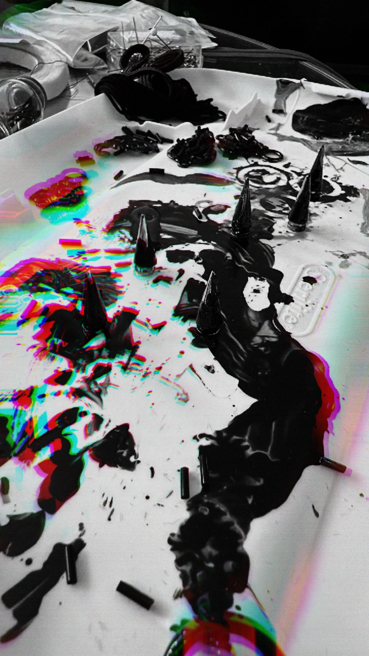 A cluttered table with black ink or paint smeared across it, including some bottles, caps, and tools. There are also gloves, a container, and various supplies on the table, with some colored digital distortion effects.