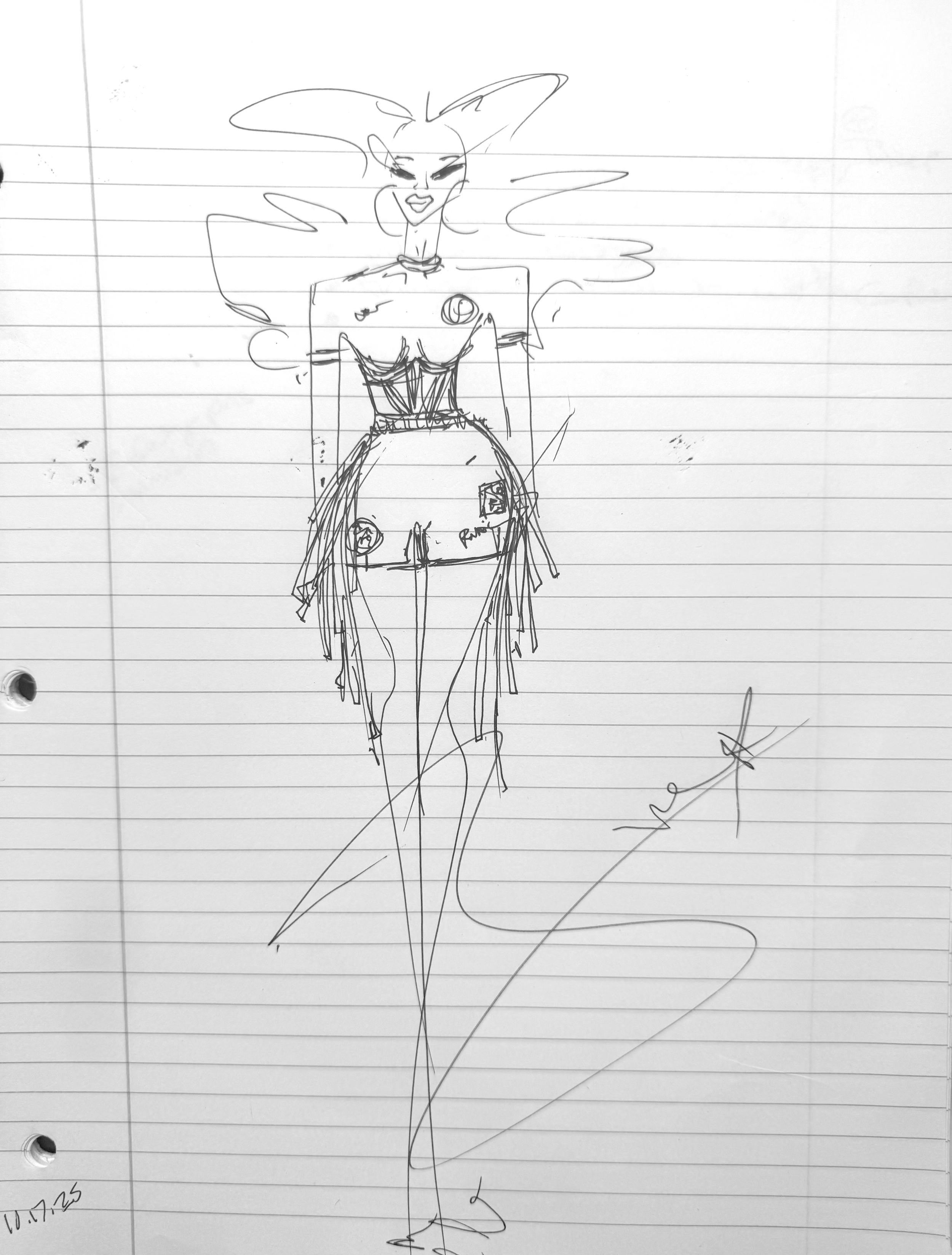 A hand-drawn sketch of a woman with voluminous hair, wearing a short, fringed outfit, standing with arms outstretched, on lined notebook paper.