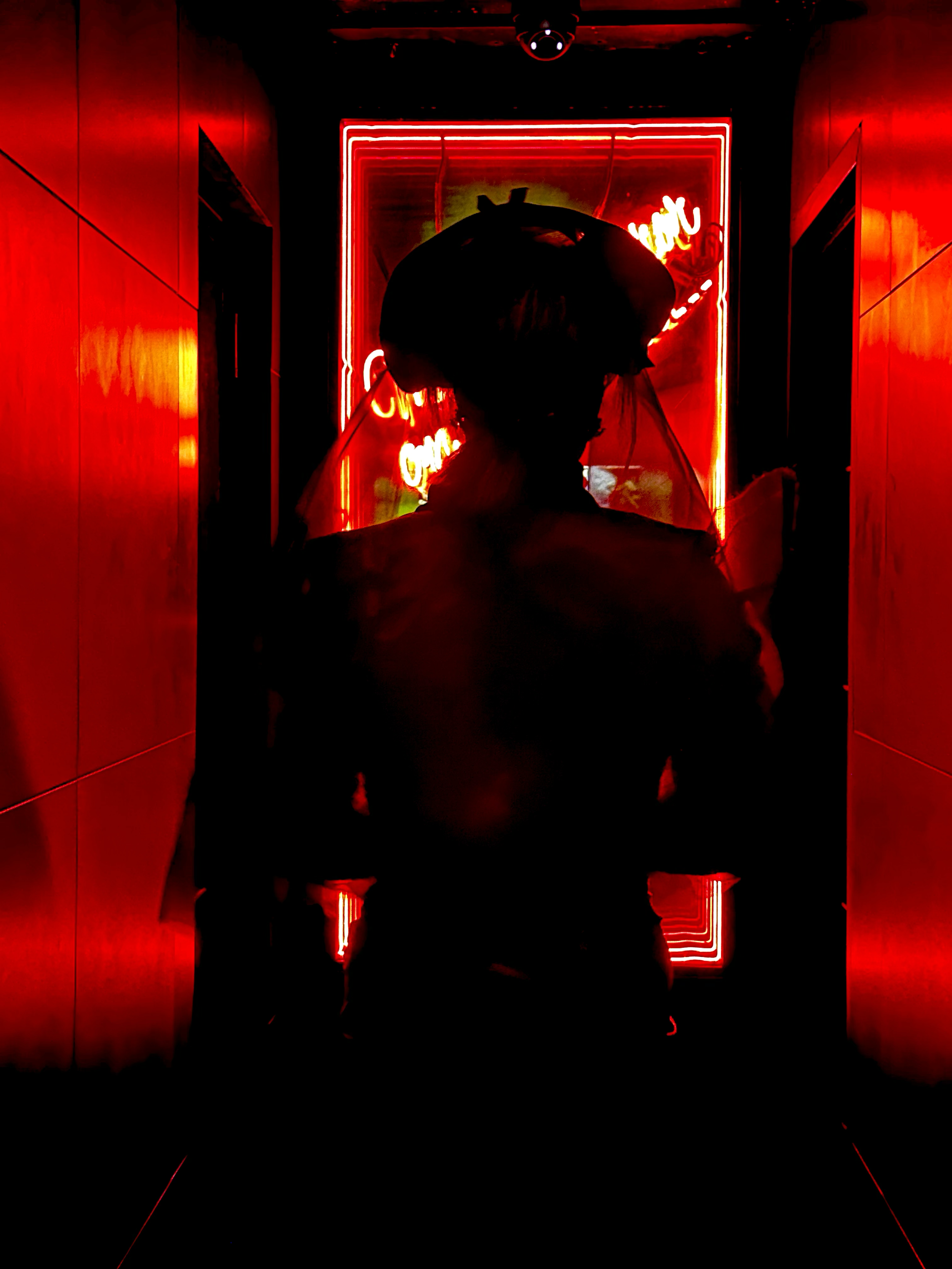 Silhouette of a woman with an elaborate hat in front of a neon red sign in a dark, narrow hallway.