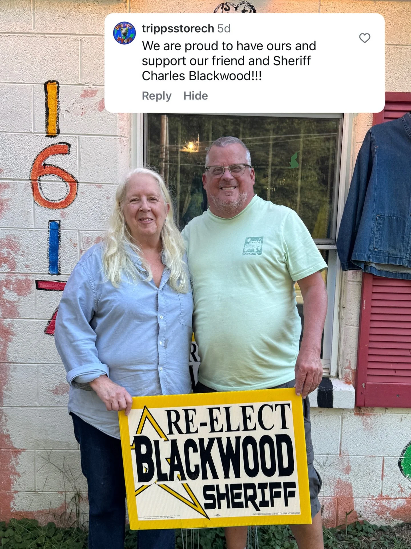 Tracy Kilpatrick and Brian Littlejohn at @trippsstorech THANK YOU for your support by showing off your sign! ⭐️

&bull;

&bull;

#blackwoodforsheriff #orangeco #hillsborough #chapelhill #carrboro #trustedleadership #ocso
