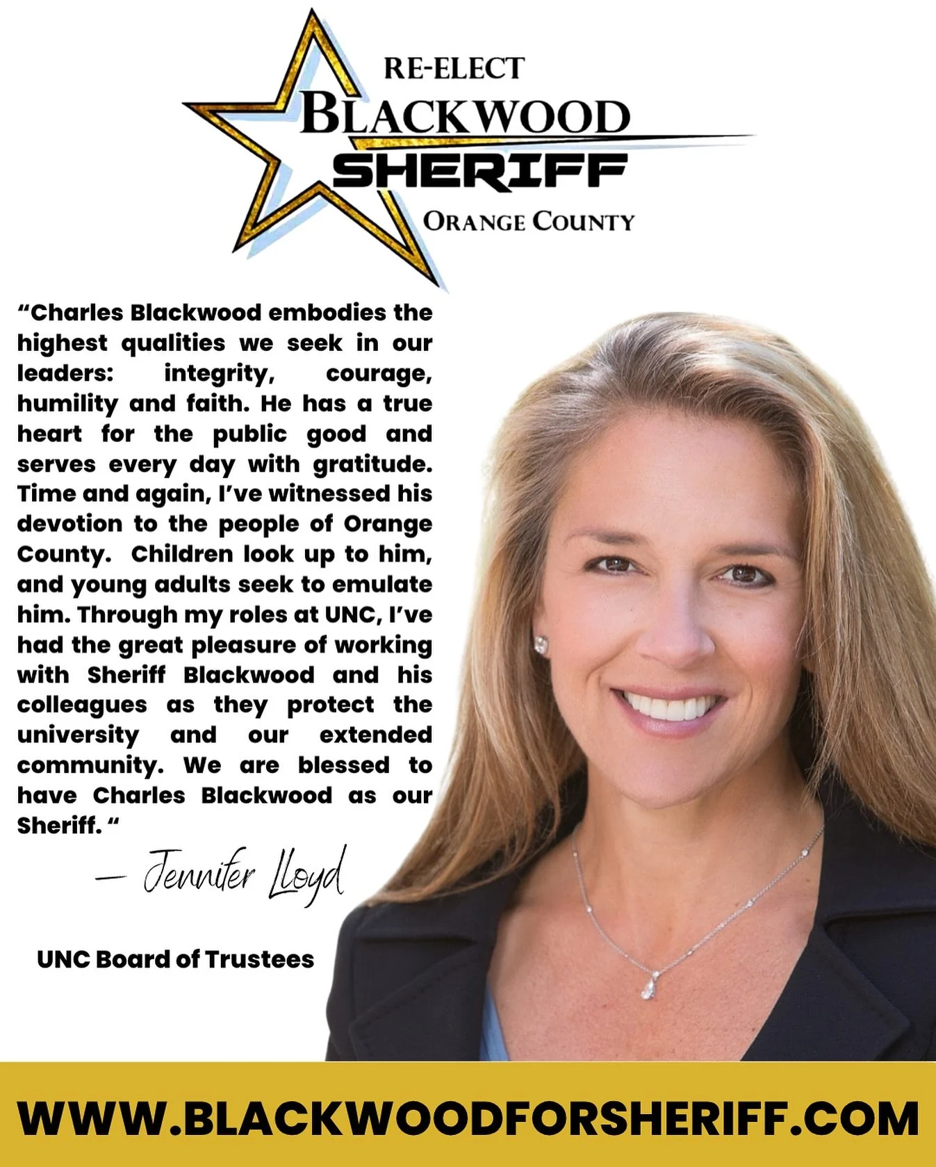 Thank you for your endorsement, @tarheel.jen ! 

#blackwoodforsheriff #orangeco #chapelhill #carrboro #hillsborough #OCSO #provenleadership #ncsheriff