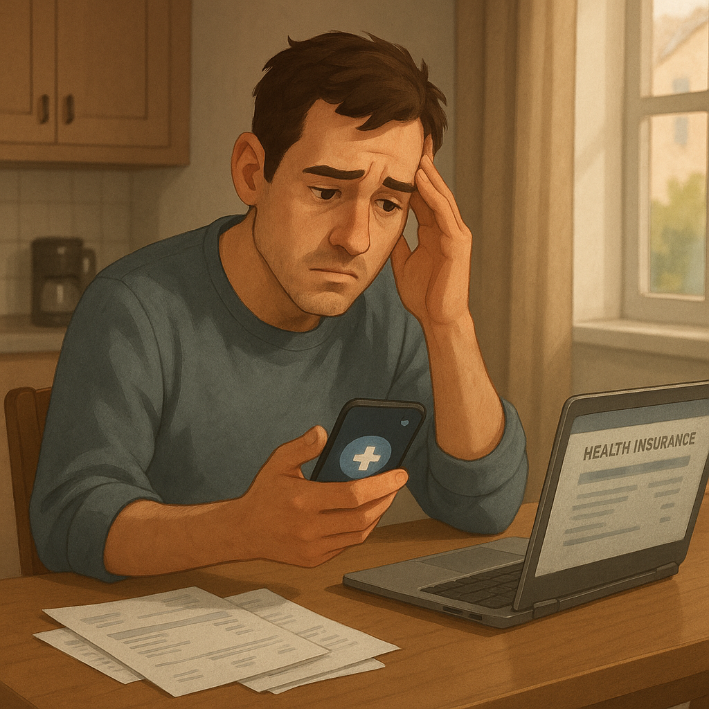 Concerned adult at kitchen table checking phone about medical costs with bills and laptop nearby.