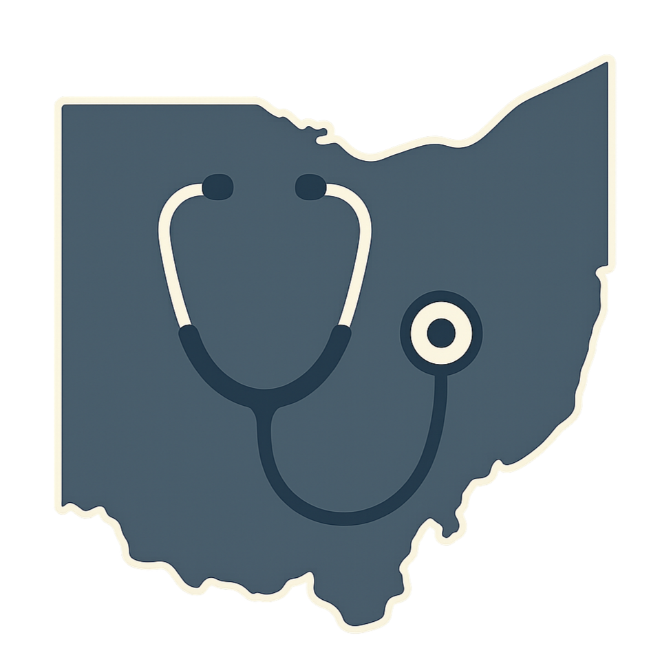 Illustration of the state of Ohio with a stethoscope graphic, symbolizing healthcare or medical services in Ohio.