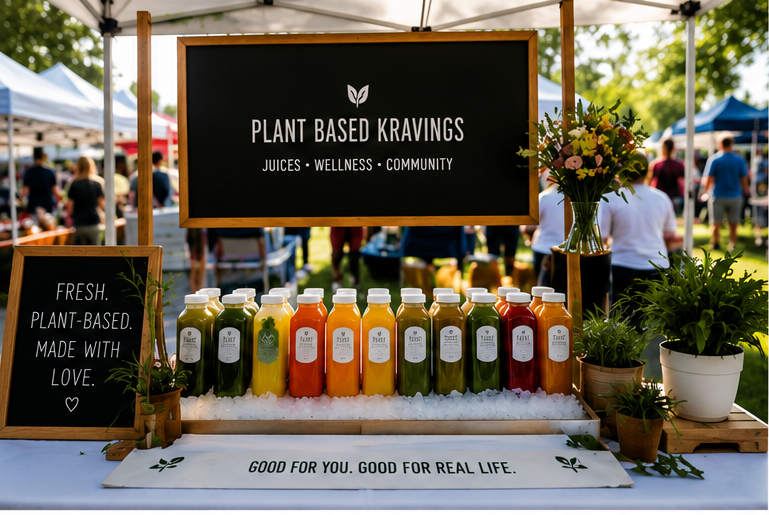 A display booth at an outdoor event showing bottles of plant-based juices on ice, with signs promoting plant-based living, wellness, and community, surrounded by potted plants, and with people in the background.
