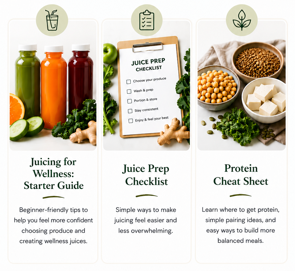 Three sections about juicing: first shows bottles of green, orange, and red juices with vegetables and fruits. Second displays a clipboard with a juice prep checklist and fresh produce. Third features bowls of soybeans, tofu, and vegetables with herbs.