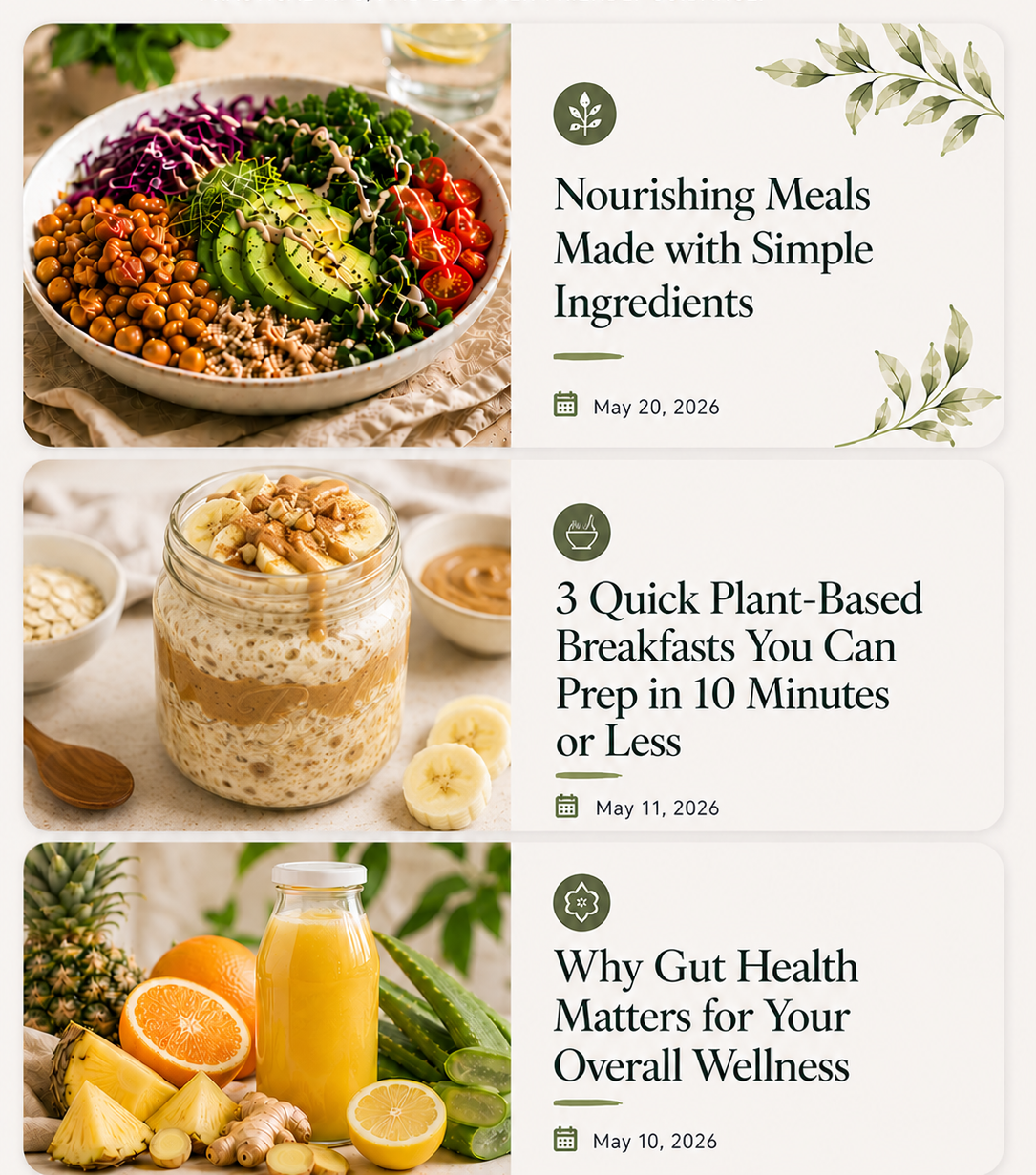 Three articles about health and wellness with images of healthy foods: a colorful salad, a jar of overnight oats with bananas and peanut butter, and fresh pineapple, oranges, lemon, ginger, and aloe vera.