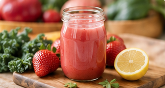 A jar of strawberry juice on a wooden surface with fresh strawberries, mint leaves, a half lemon, and a bowl of strawberries in the background.