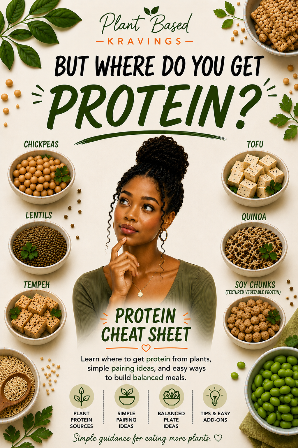 A plant-based protein cheat sheet featuring bowls of chickpeas, tofu, lentils, tempeh, quinoa, soy chunks, and other plant protein sources, with green leaves and sprigs for decoration.