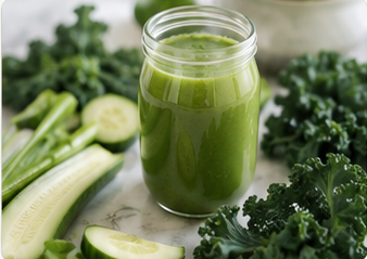 A jar of green vegetable smoothie surrounded by celery and kale on a marble surface.