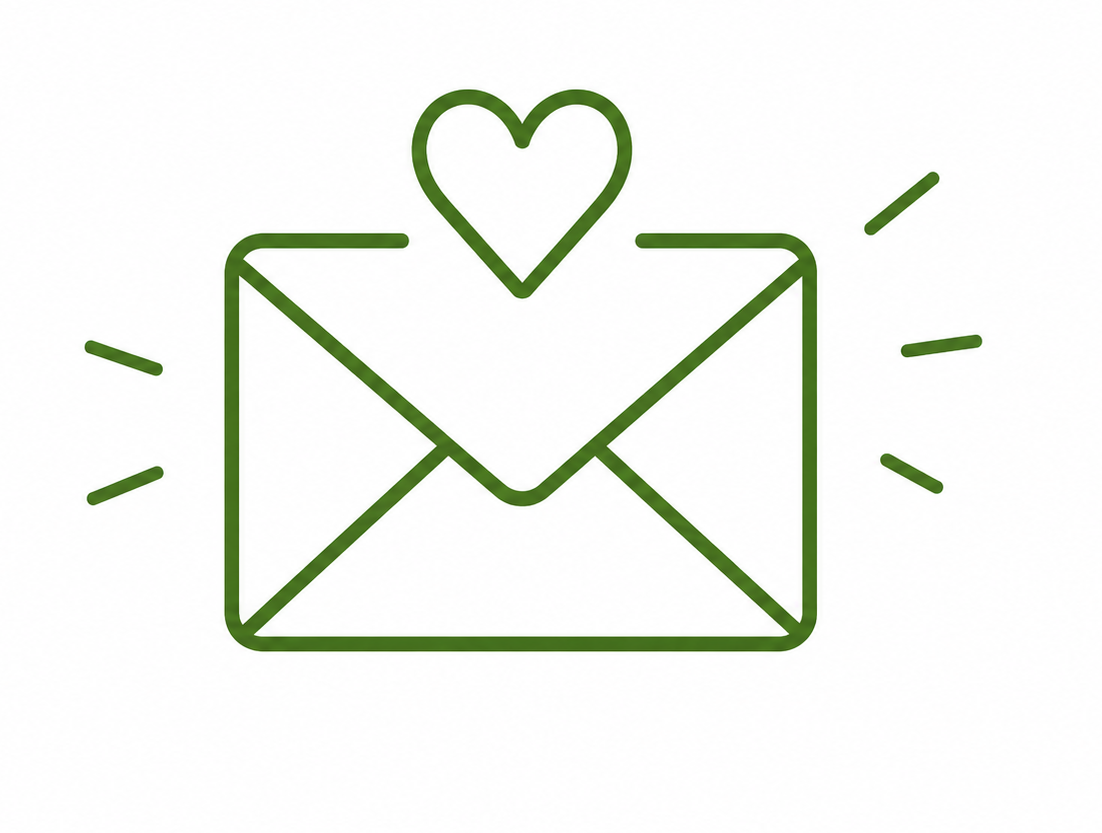 Green outline drawing of an envelope with a heart inside and heart above, radiating lines indicating emphasis or love.