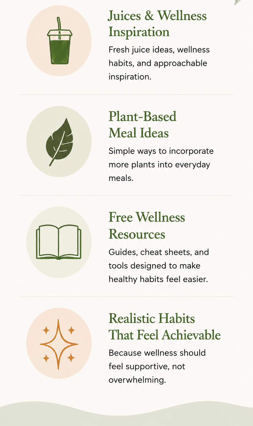 Infographic with four sections on wellness tips: 1. Juices & Wellness Inspiration - icon of a green juice. 2. Plant-Based Meal Ideas - icon of a green leaf. 3. Free Wellness Resources - icon of an open book. 4. Realistic Habits That Feel Achievable - icon of a star-shaped spark.