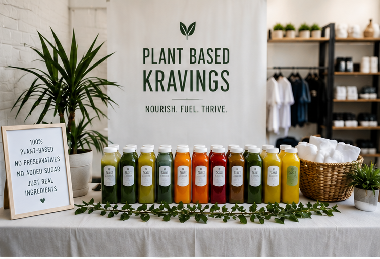 Display of plant-based juices in bottles, arranged on a table in front of a sign promoting plant-based cravings, with a plant and shelving in the background.