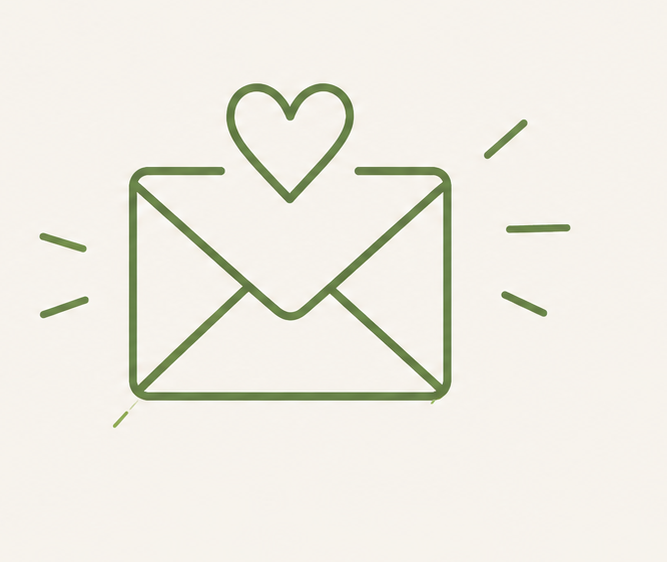 Line drawing of an envelope with a heart above it, emitting light rays.