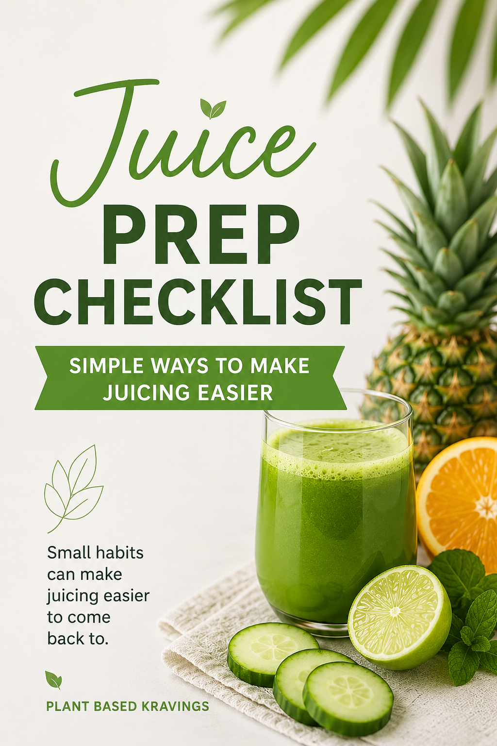 A guide titled 'Juice Prep Checklist' with the subtitle 'Simple ways to make juicing easier.' Featuring a green juice in a glass, fresh pineapples, oranges, cucumbers, lemon, and mint. The background is white with green text and leaves.