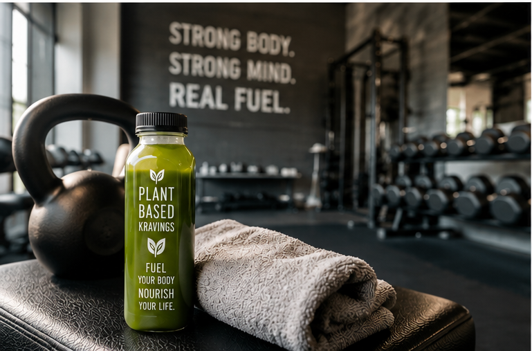A bottle of plant-based Kravings fuel supplement, a kettlebell, and a towel are on a bench in a gym with free weights and a motivational sign on the wall that says "Strong body. Strong mind. Real fuel."