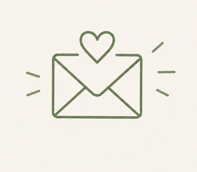 Line drawing of an envelope with a heart above it and small lines around suggesting motion or emphasis.