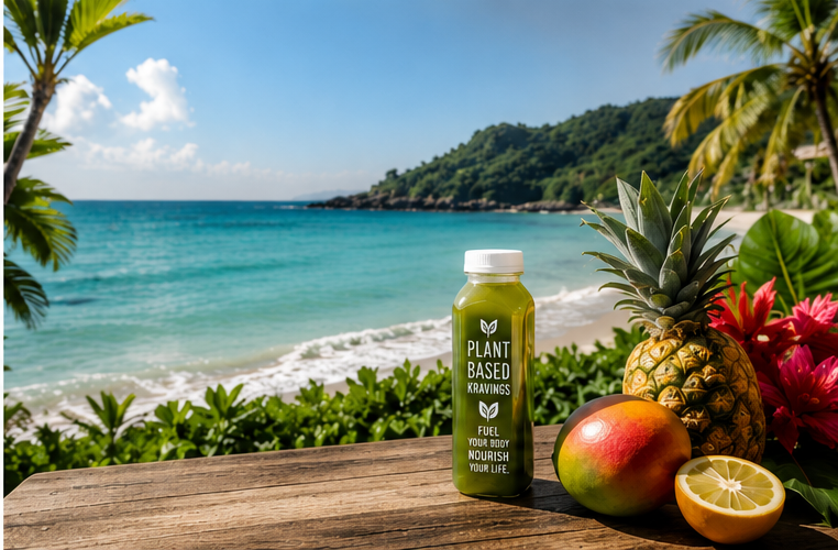 A bottle of plant-based cravings drink on a wooden table with tropical fruits including a pineapple, mango, and lemon, against a beach and ocean background with green foliage and a hill.