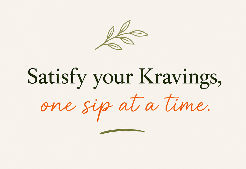 A quote saying, "Satisfy your Cravings, one sip at a time," with a simple leaf illustration above and below the text on a light background.