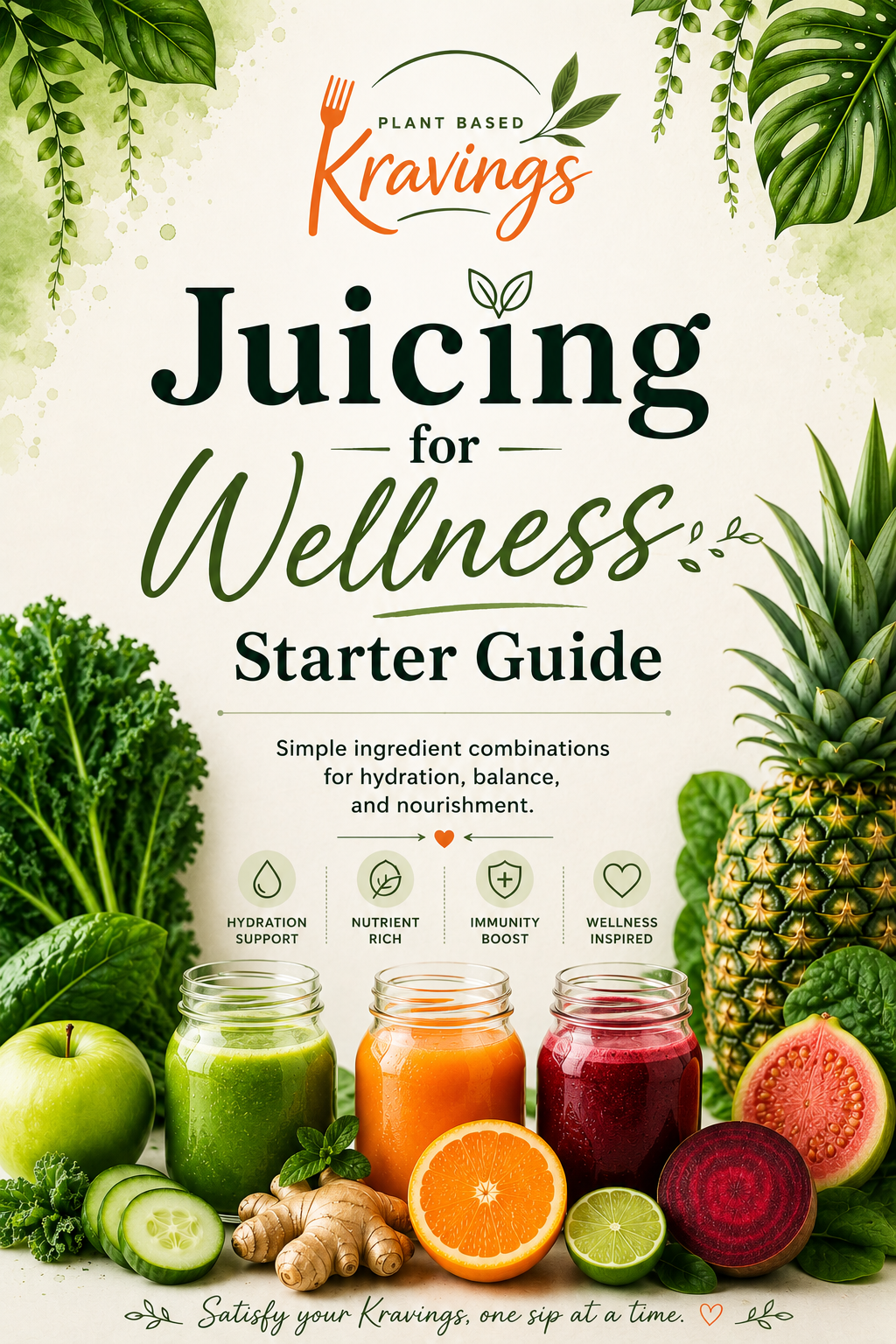 Cover of a guide titled 'Plant Based Kravings Juicing for Wellness Starter Guide,' featuring pictures of green apple, cucumber, ginger, orange, beet, pineapple, lime, and other fresh fruits and vegetables, with icons indicating hydration support, nutrient richness, immunity boost, and wellness inspiration.