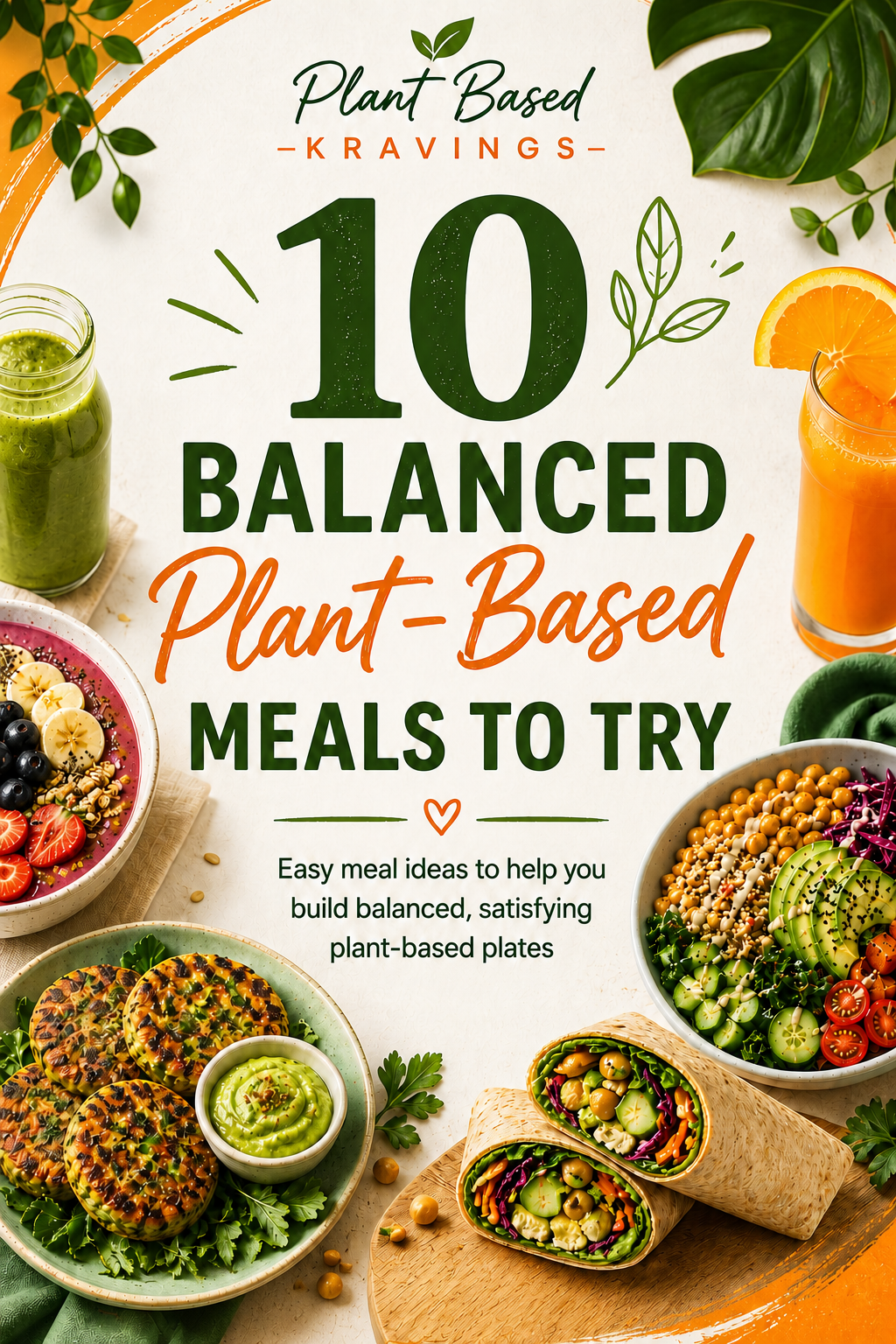 A colorful collage of plant-based meals and smoothies, with text promoting 10 balanced plant-based meals to try, including salads, wraps, and smoothies.