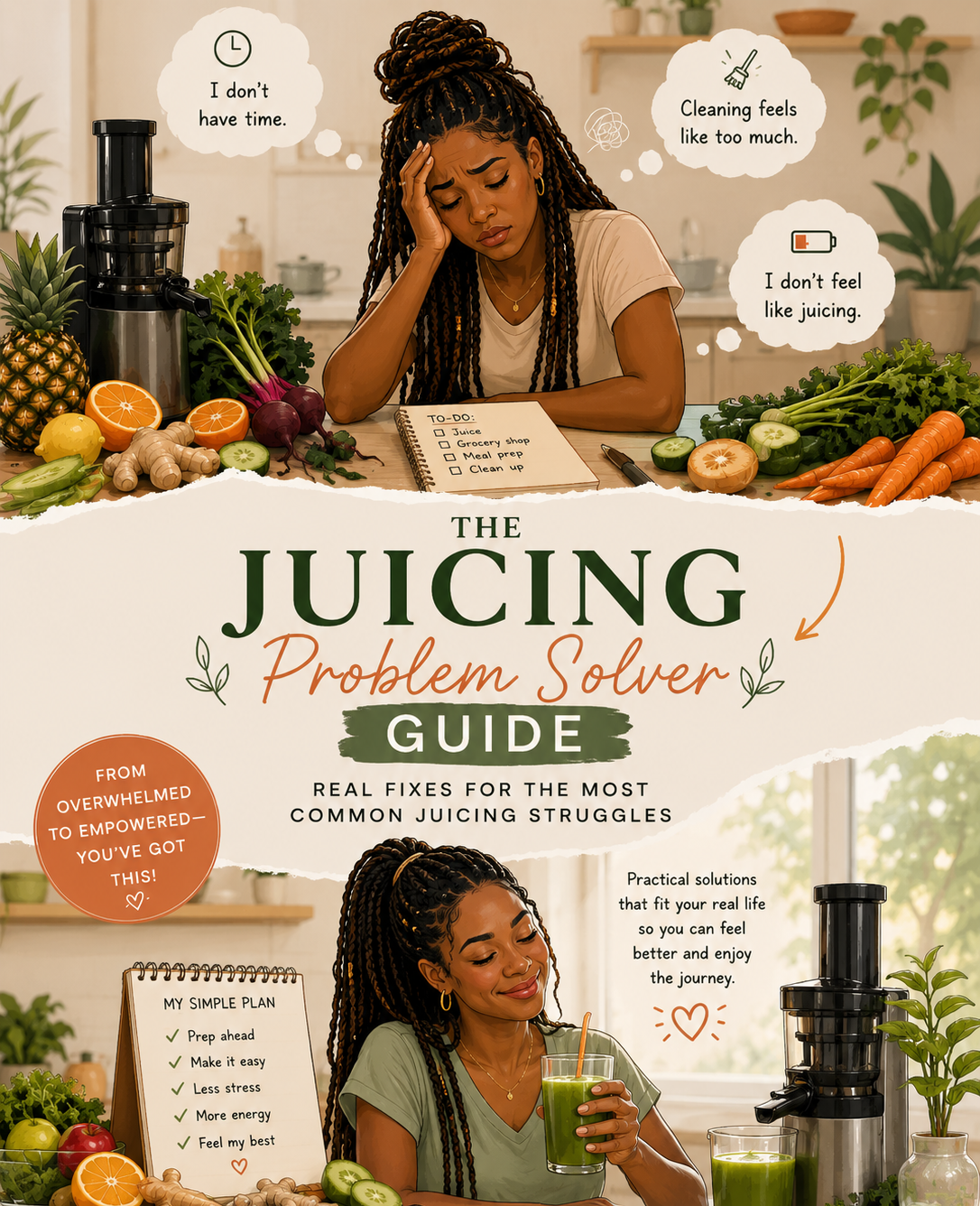 Book cover titled "The Juicing Problem Solver Guide" showcasing two women in kitchen with fresh fruits and vegetables, one looking stressed with a to-do list, the other smiling holding a green juice.