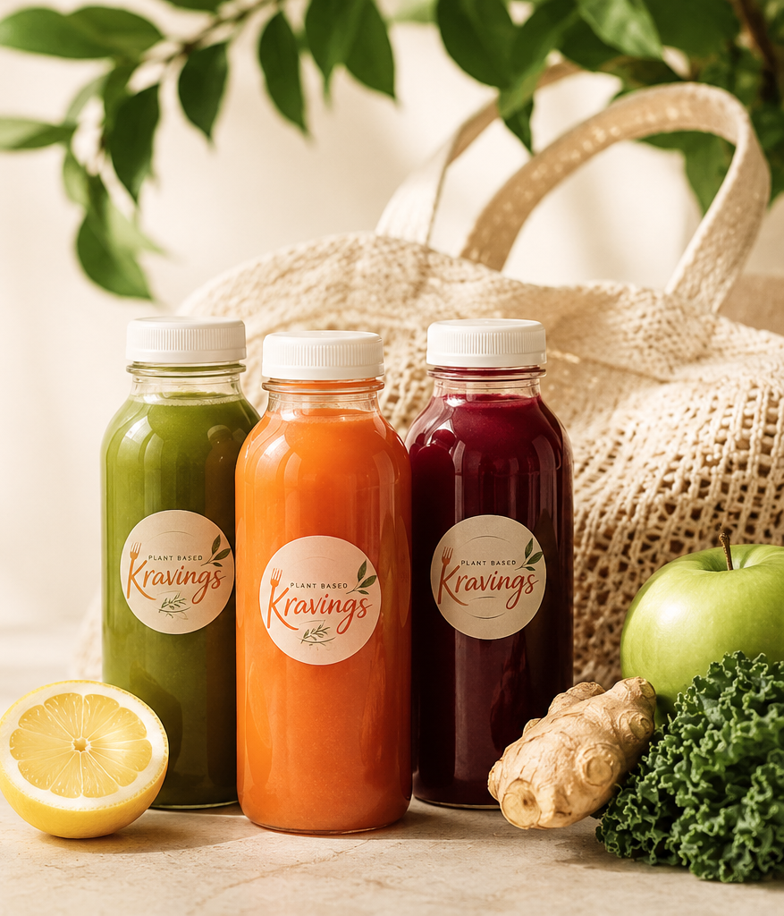 Three bottles of green, orange, and red plant-based juices with fresh lemon, ginger, green apple, kale, and leafy greens around them on a light surface, with a woven bag and leafy plant in the background.