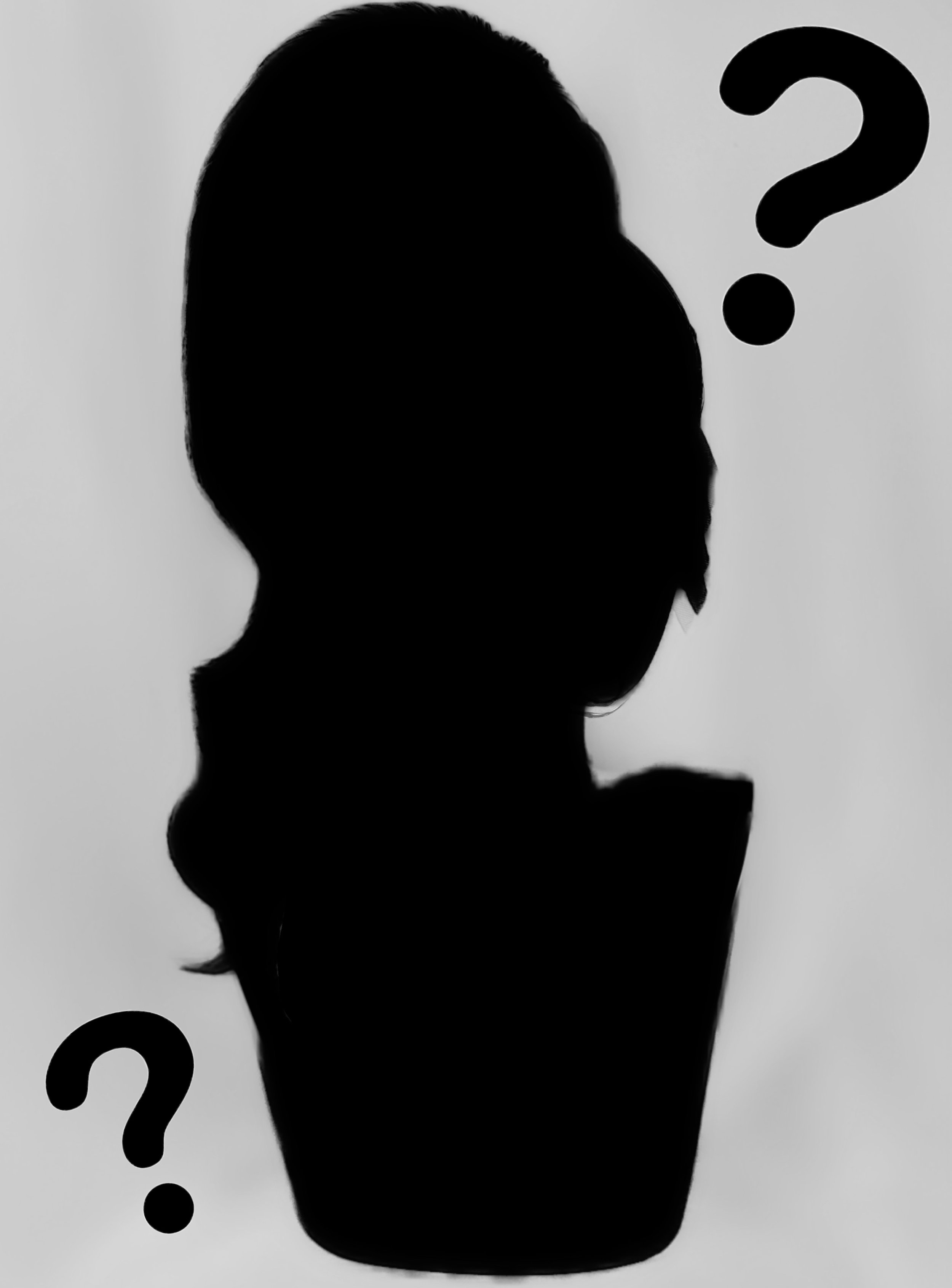 Silhouette of a person with short hair, question marks in black around the head, gray background.