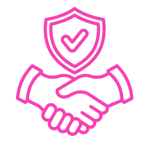 Icon of two hands shaking with a shield and checkmark above, symbolizing agreement, trust, or security.