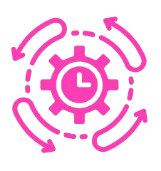 Clock inside a gear with circular arrows around it, representing time management or process flow