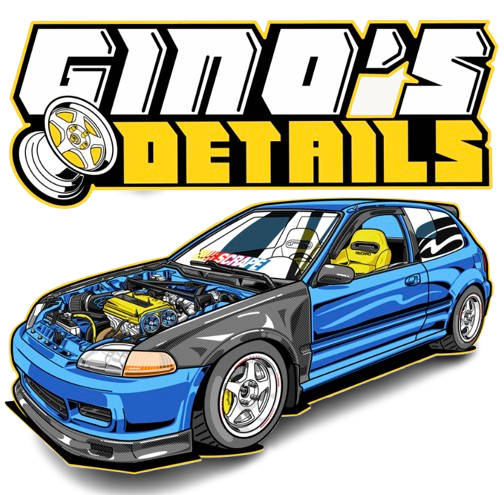 A colorful cartoon-style illustration of a blue modified sports car with an open hood revealing engine details, parked in front of a sign that reads 'Gino's Details' with a wheel graphic.