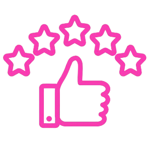 Pink neon sign of a thumbs-up and five stars.