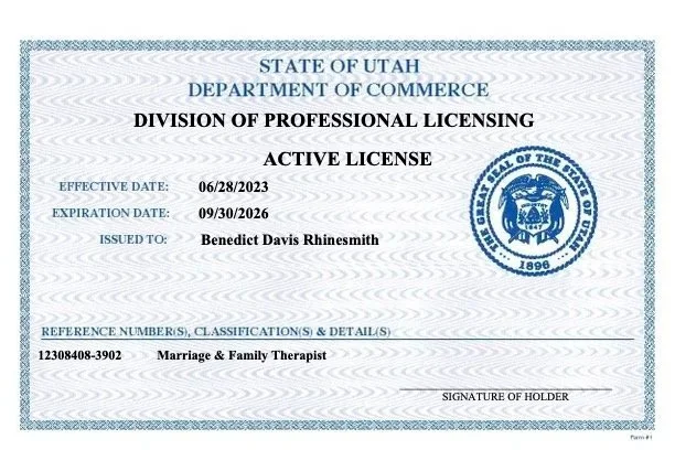 Utah active professional license for Benedict Davis Rhinesmith as a Marriage & Family Therapist, issued by the Utah Department of Commerce, effective from June 28, 2023, to September 30, 2026.