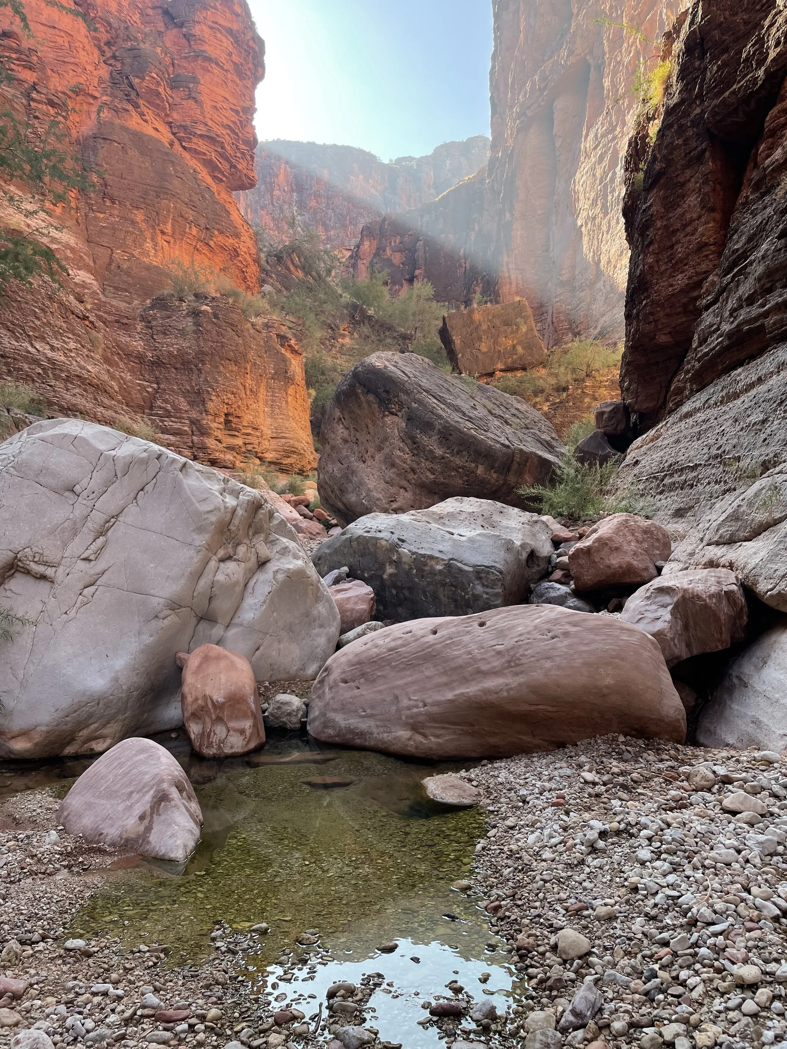 Canyon view with sunbeams coming down highlighting the different facets of multiple rock faces showing the depth of complex systems.