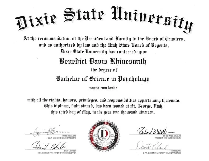 Bachelor of Science in Psychology diploma from Dixie State University awarded to Benedict Davis Rhinesmith, issued at St. George, Utah, dated May 3, 2019.