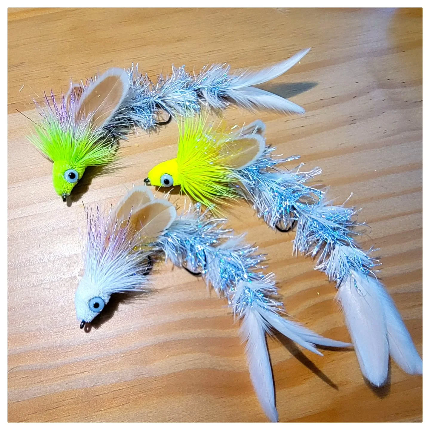 A little larger for this batch, and some pink and chartreuse for that high, stained water. Been suspending these up to 5 sec after a foot glide, and the trout can't resist. Fished best with a loop knot and just a bit of slack after accelerating to a 