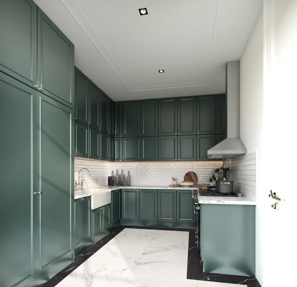 Leon's Custom Painting Refinished Cabinets Galley Kitchen with Green Cabinets
