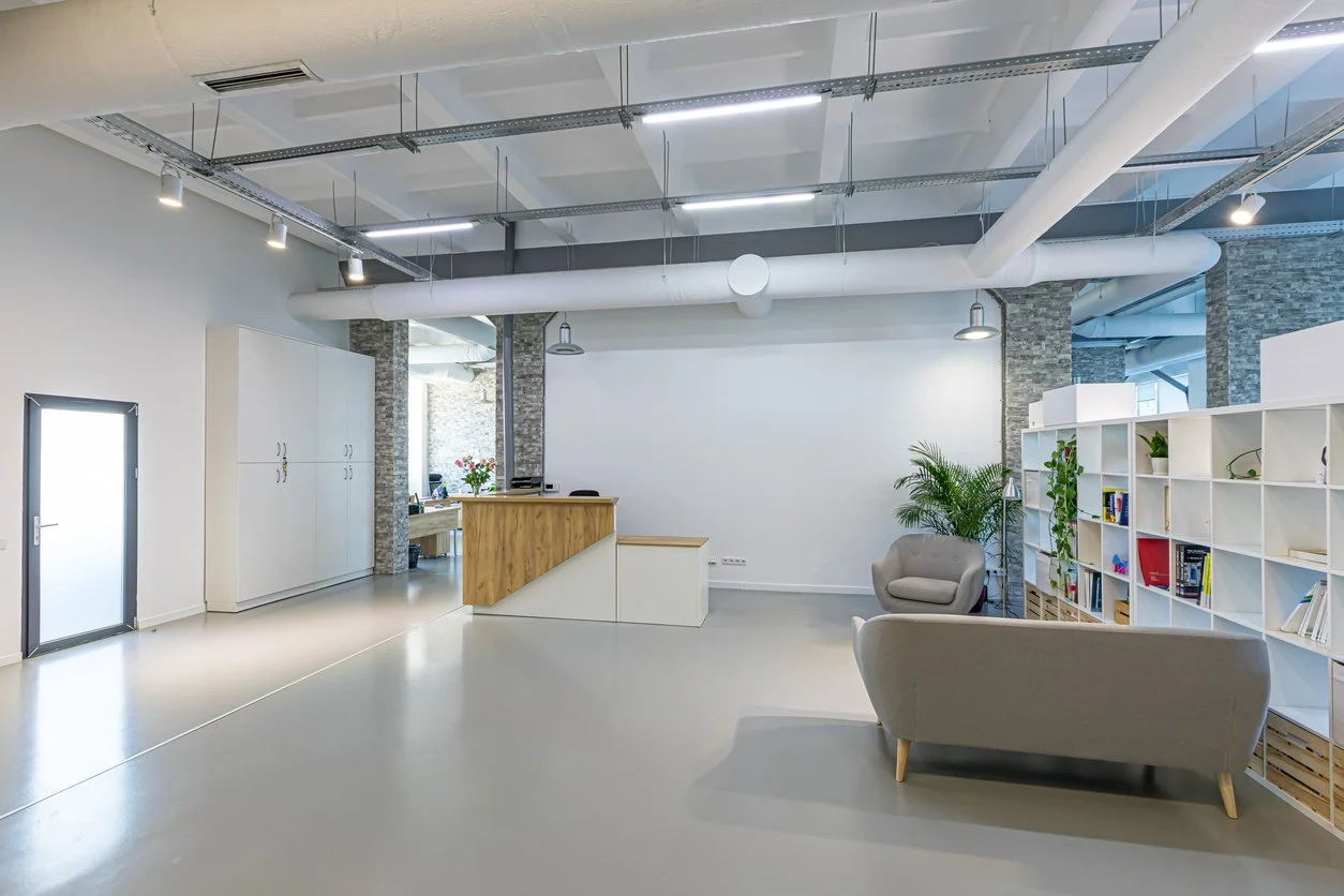 Office lobby in industrial warehouse