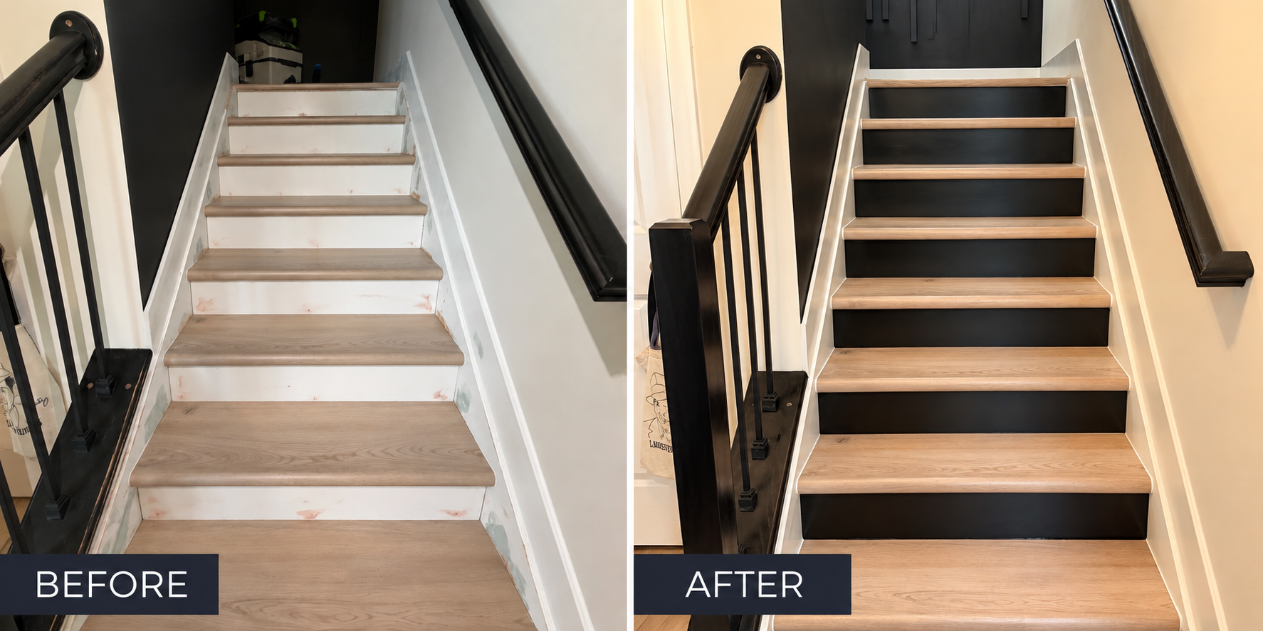 What was once a tired, unfinished staircase is now a beautiful architectural feature. Wood repairs, new trim, precision painting, and bold contrasting risers create a sophisticated transition space that proves even the smallest details can make a dra