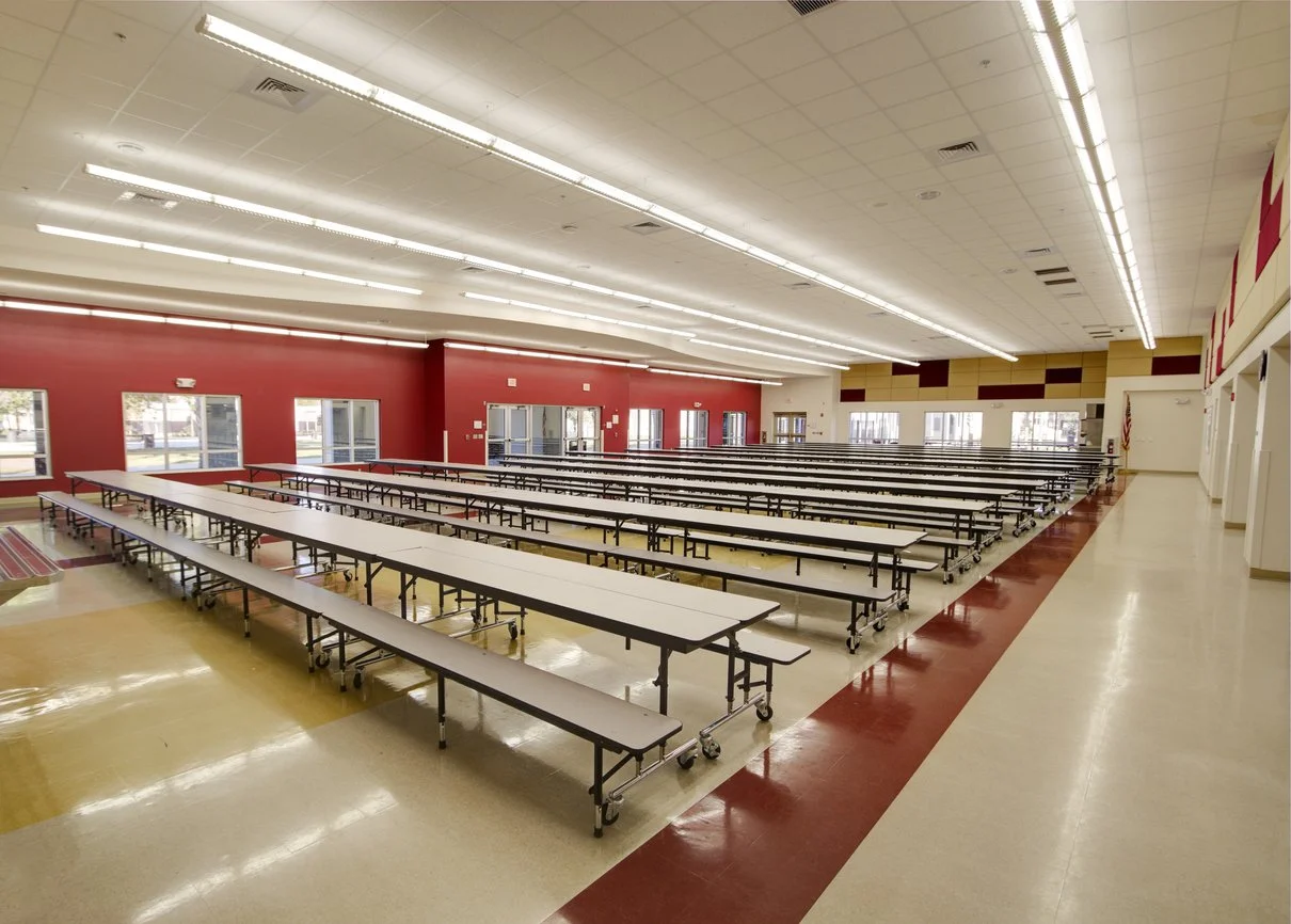 School cafeteria with red accent walls