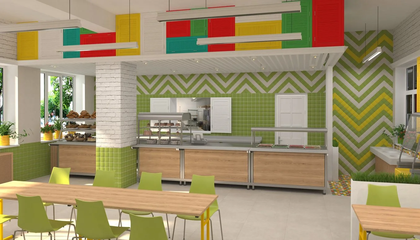 Hospital cafeteria with accent walls