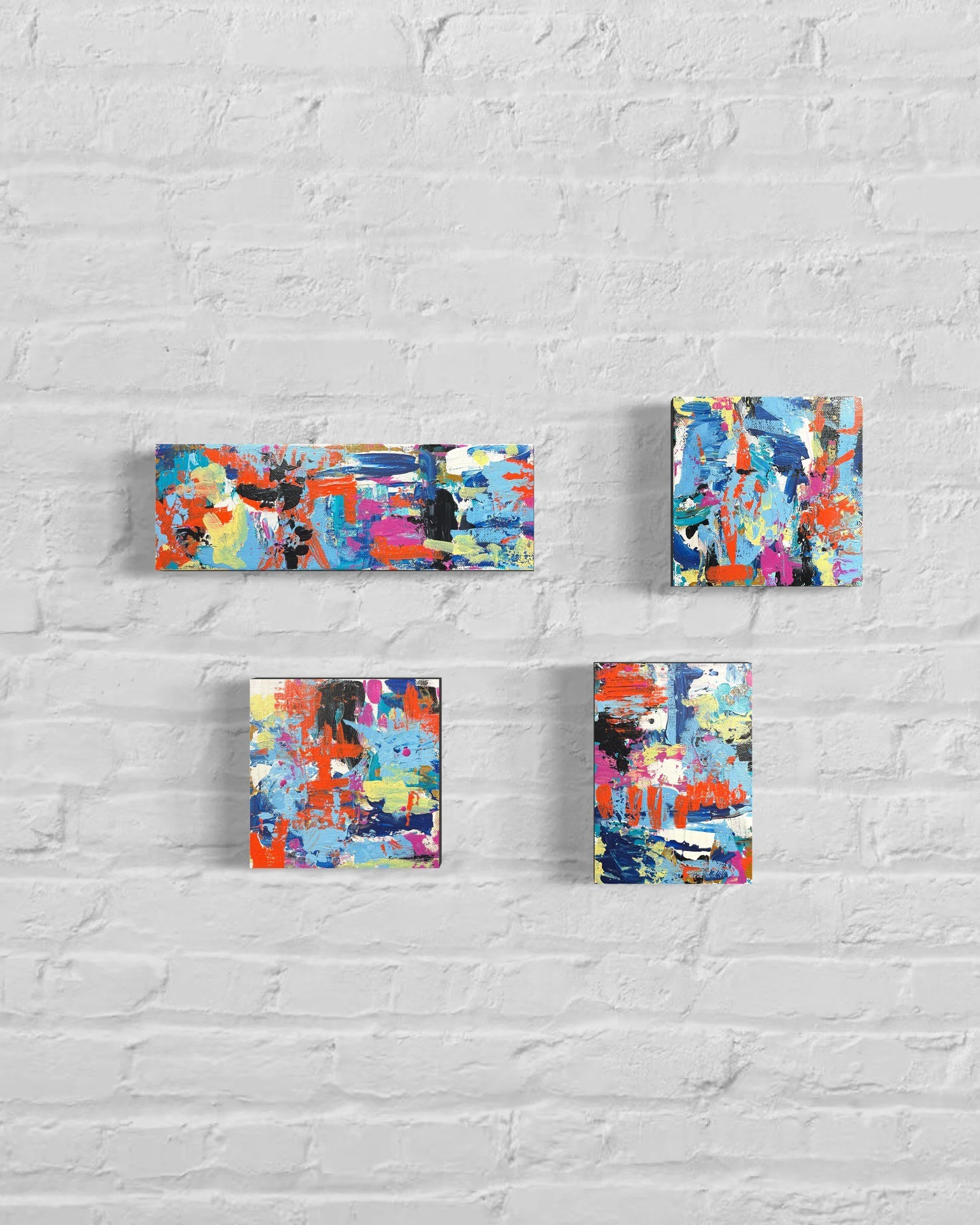 Pieces Of Us
Acrylic paint on 1.5" deep canvases
Two 6"x6" canvases, one 4"x12" and one 7"x5"