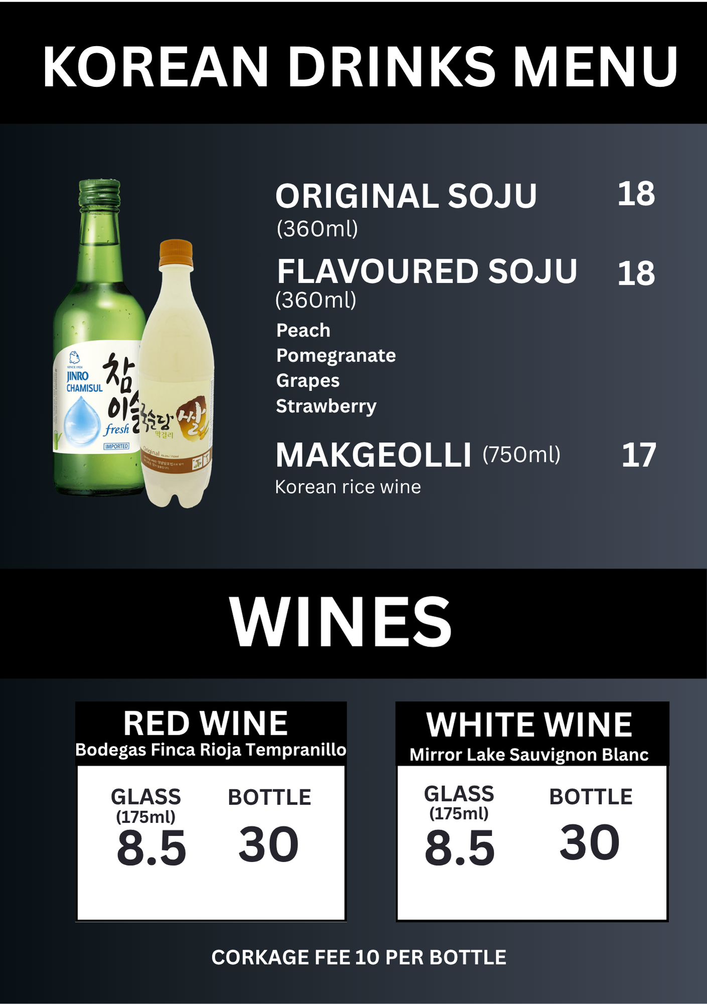 Korean drinks menu featuring soju, flavoured soju, makgeolli and house wines at NURI Korean BBQ Canary Wharf