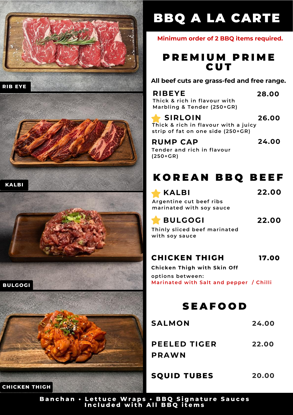 Premium Korean BBQ meat selection including ribeye, kalbi and bulgogi at NURI Korean BBQ Canary Wharf